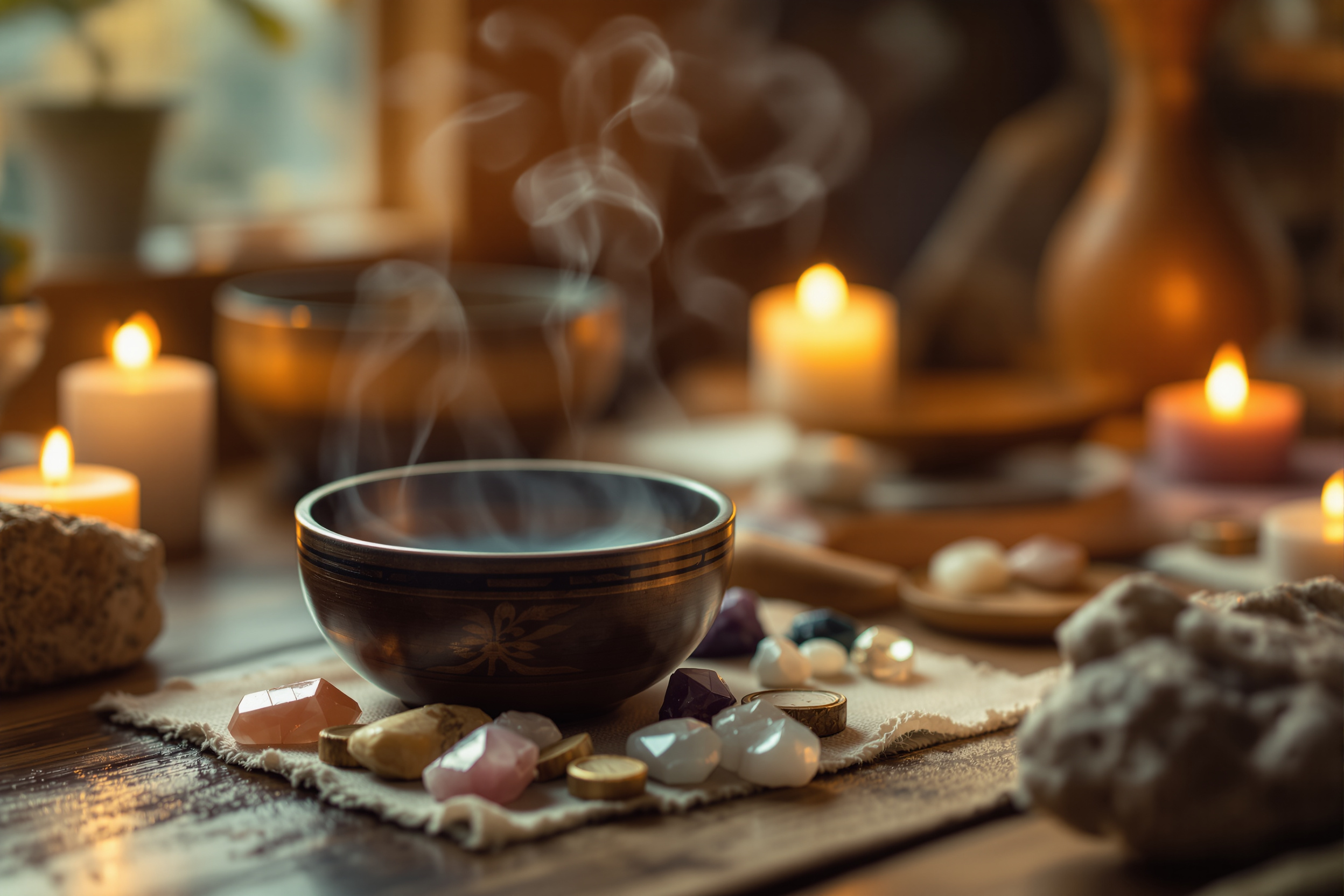 Coin méditation zen avec bol tibétain, bougies et cristaux sur surface en bois