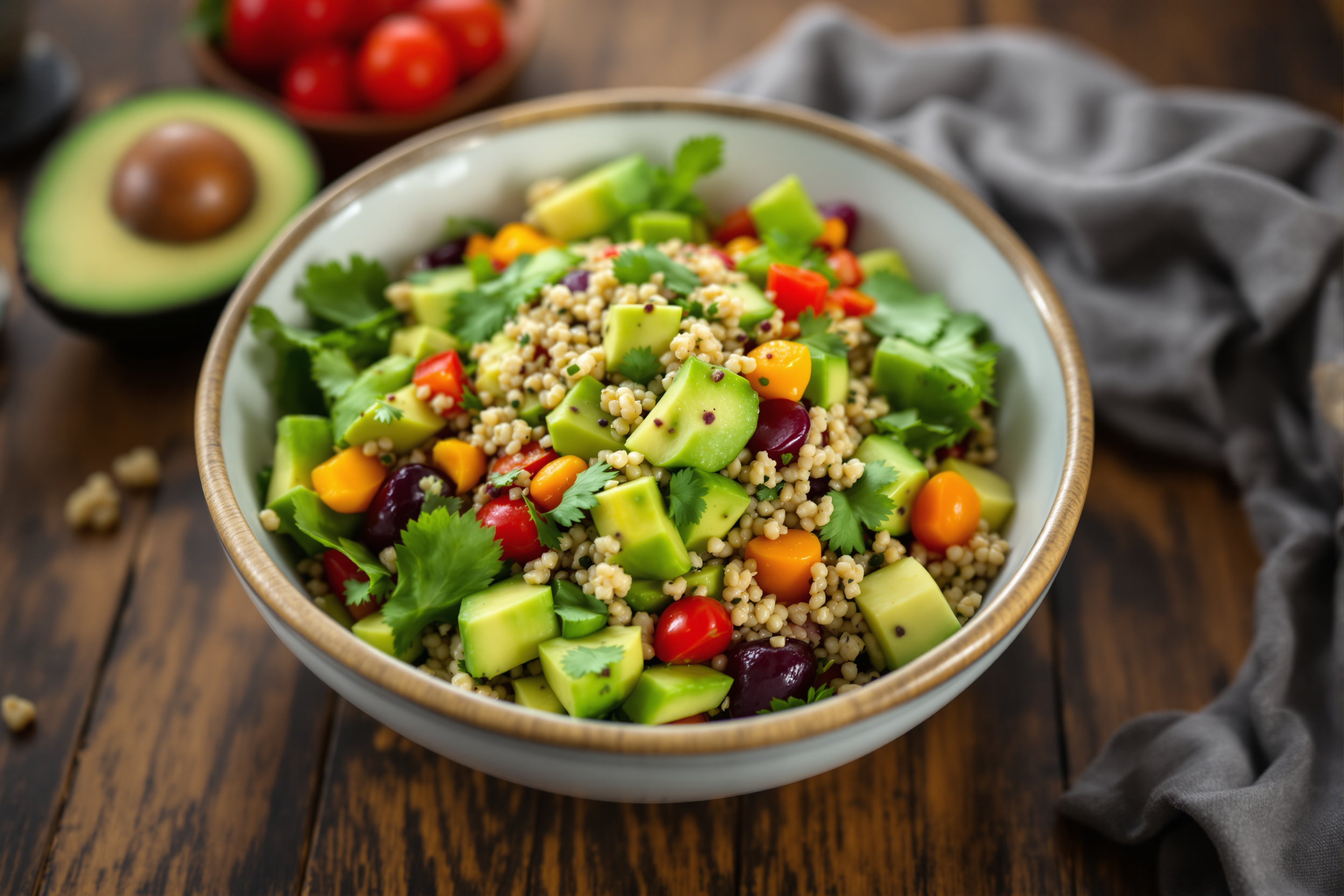 Salade méditerranéenne colorée avec avocat, quinoa et légumes frais
