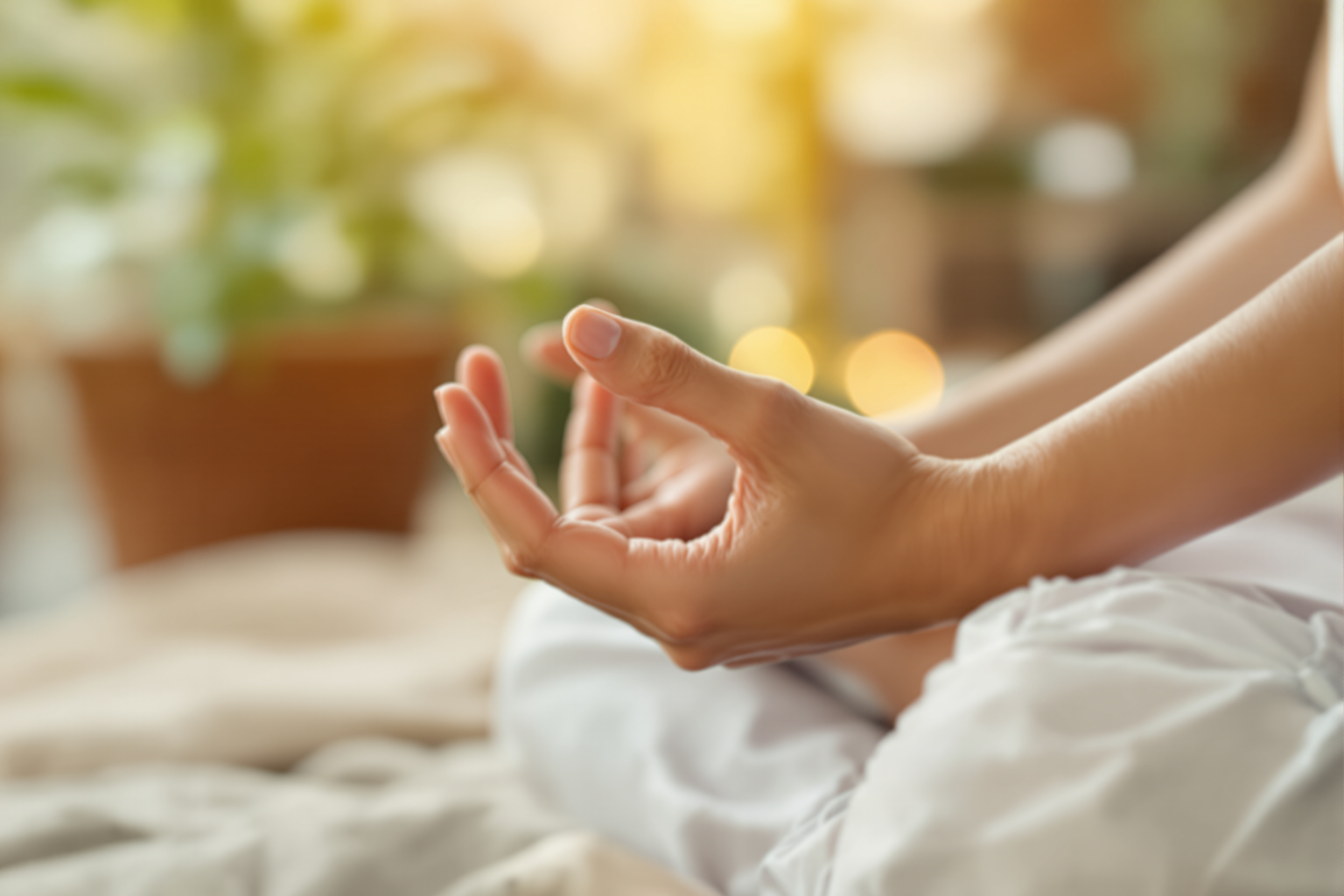 Mains en position de mudra pendant une séance de méditation et pranayama