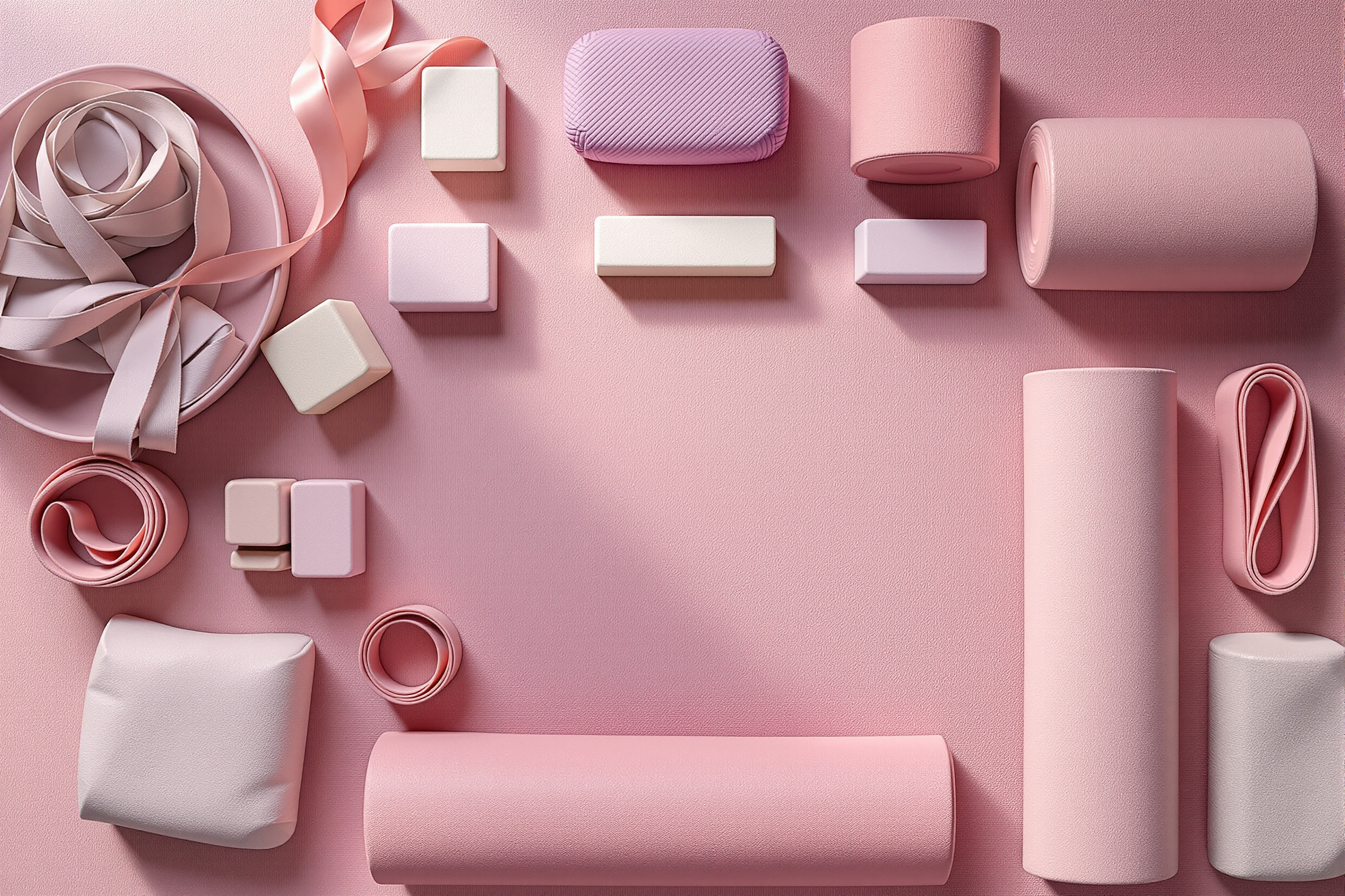 Accessoires de yoga : blocs, sangles, bolsters et tapis disposés dans un studio lumineux