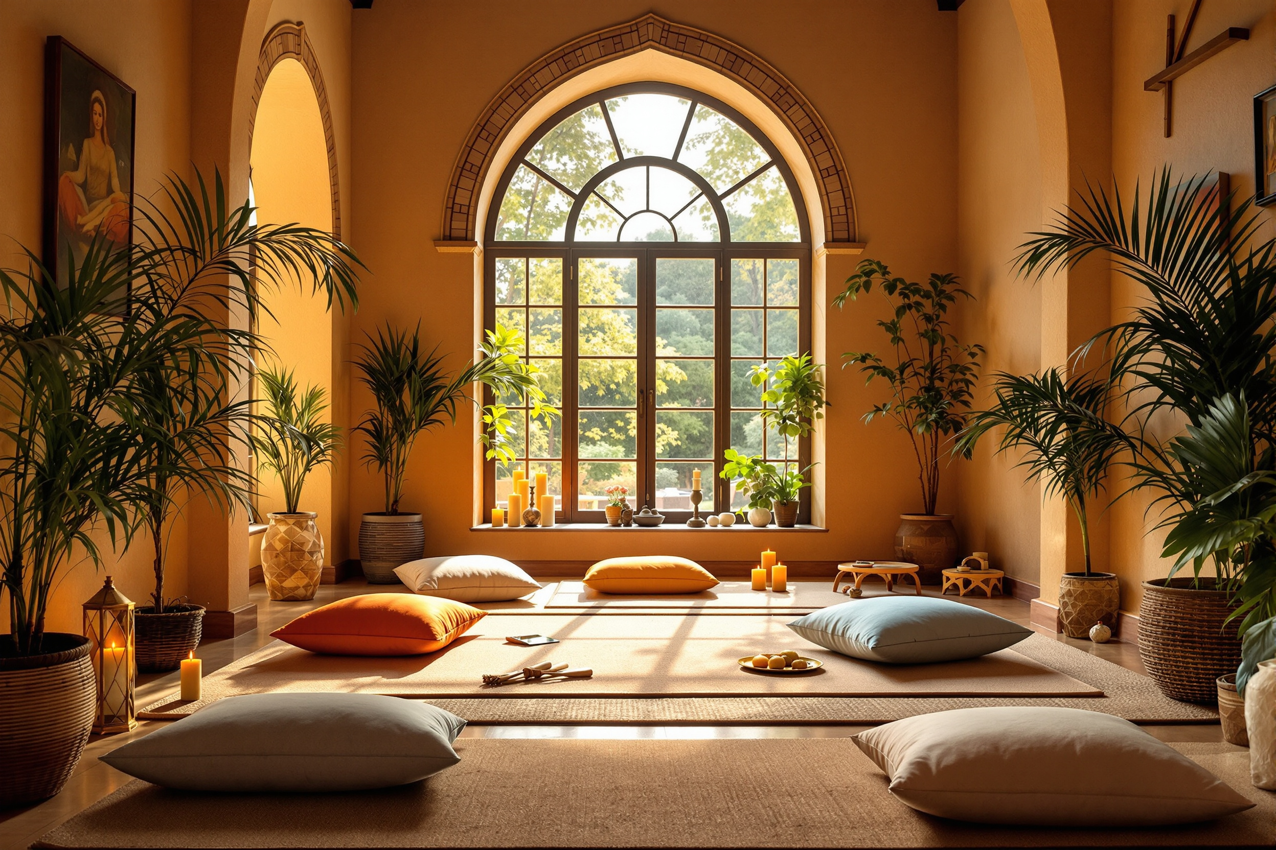 Salle de méditation paisible avec décor méditerranéen et lumière naturelle