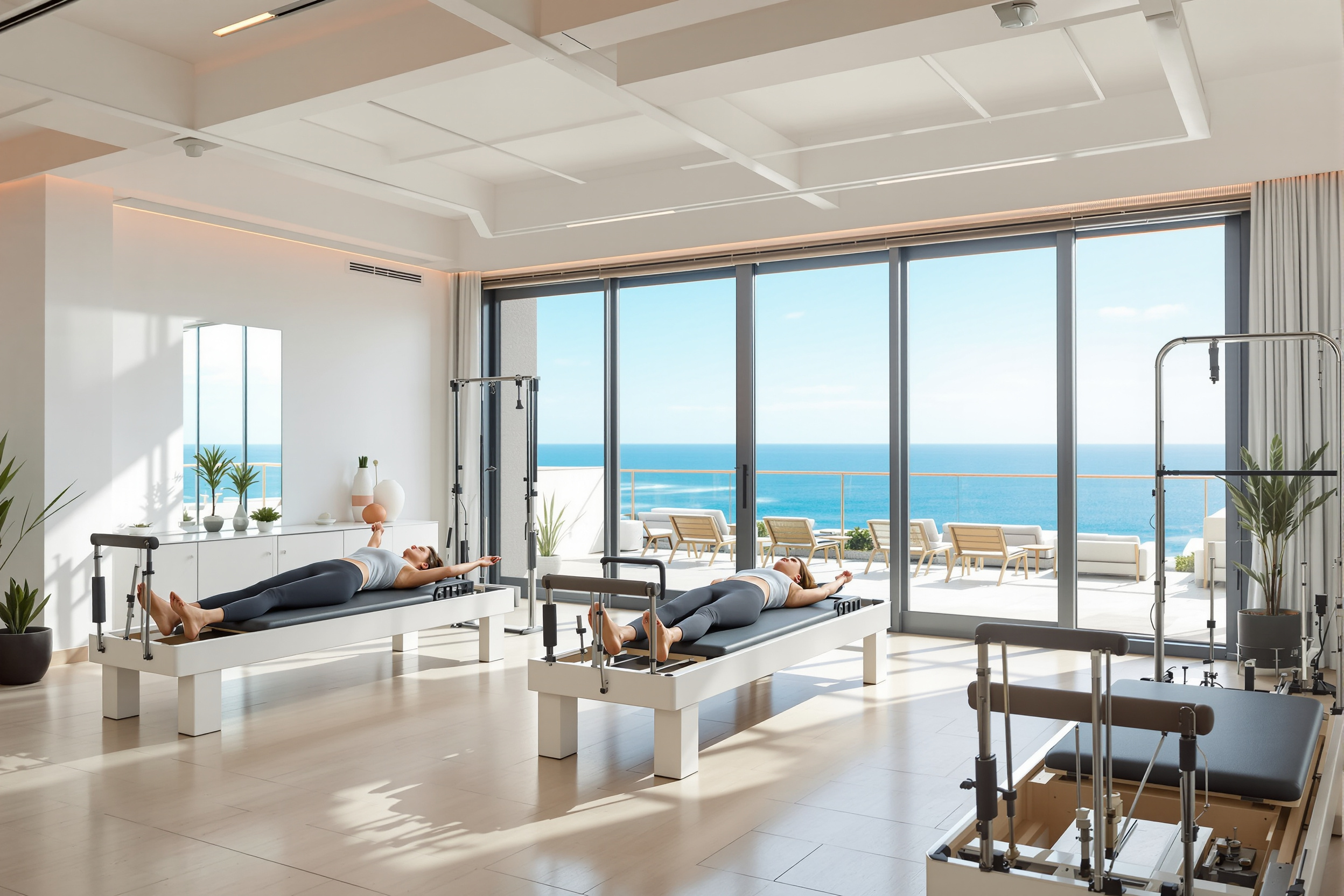 Studio de Pilates avec vue sur la mer Méditerranée, reformers et équipements professionnels